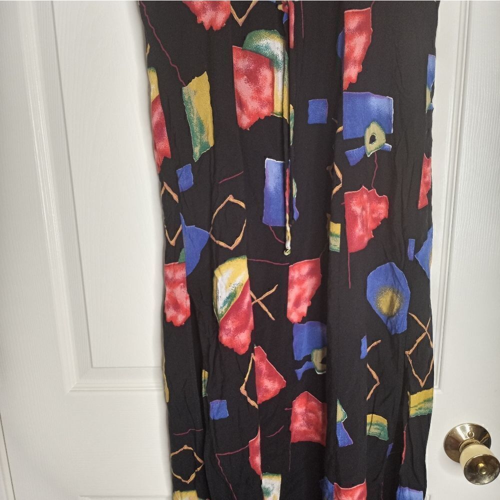J.D. Stone 12 Black Multicolor Belt ShrtSlves SlitSides Rayon Women's Midi Dress - Picture 9 of 11